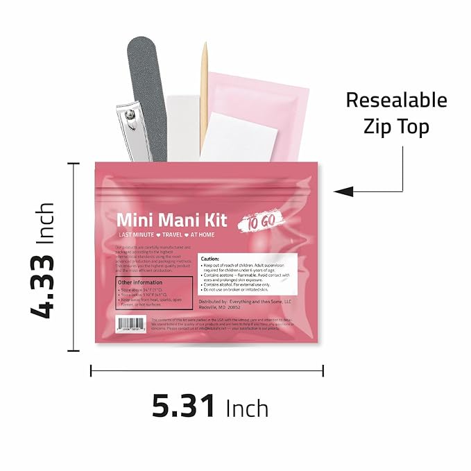 Mini Mani Kit – Disposable Manicure Set with Nail Clipper, File, Buffer, Cuticle Stick & Polish Remover Pad – Compact One-Time Use Nail Care Kit for Travel, Purse, Desk, or Car (Pink)