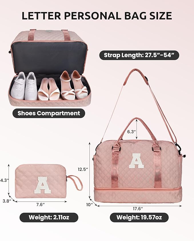 Initial Duffle Bag with Shoe Compartment, Personalized Weekender Bag, Monogram Overnight Bag for Women with Trolley Sleeve & Wet Pocket, Letter Travel Bag with Makeup Bag (Letter D), Pink
