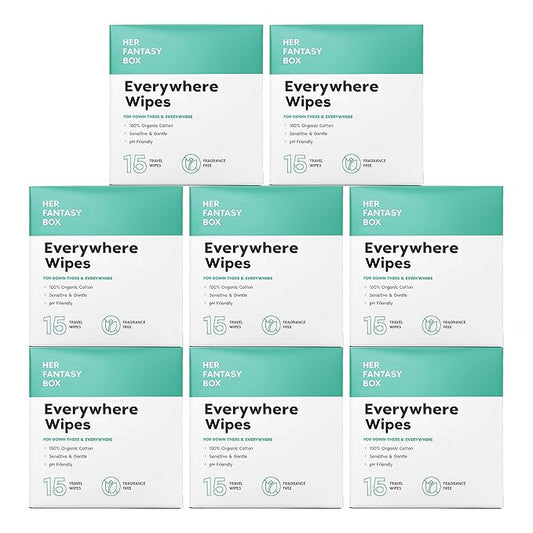 Her Fantasy Box | Everywhere Wipes – 100% Organic Cotton, Gentle & Refreshing, pH-Balanced, Fragrance-Free, Plant-Powered for Body, Face & Intimate Areas, Ideal for Sensitive Skin - 8 Pack, 120 Wipes