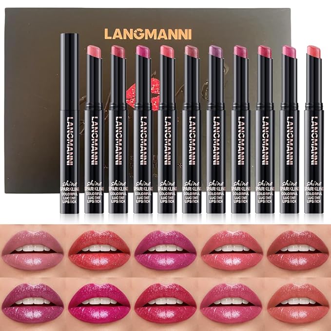 Jolilab 10 Colors Shimmer Lipstick Set, Fine Subtle Glitter, Long-Wearing & Moisturizing, Assorted Daily Wear Shades, Great Gift for Makeup Lovers（Shiny SetA