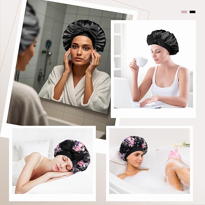 Arqumi 2 Pcs Satin Silk Bonnet for Sleeping Women, Long Strap Tie Band Adjustable Sleep Night Cap Curly Hair Bonnet Wrap for Braids Mother's Day Girls Gifts,Black + Black Flower Pattern (Large)