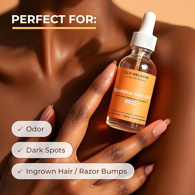 Glo Melanin Yoni Oil Wash for Women pH Balance and Wetness, Vaginal or Feminine Oil for Ingrown Hair with Rose Petals, Almond, Vitamin E Jojoba Oils Herbal Blend for Yoni Care (2 oz / 60ml)