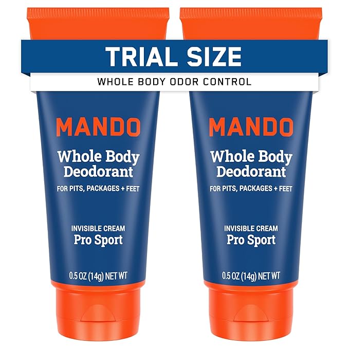 Mando Whole Body Deodorant - Mini Travel Size Invisible Cream Tube - 72 Hour Odor Control - Aluminum and Baking Soda Free, Skin Safe - .5 oz (Pack of 2) (Pro Sport)