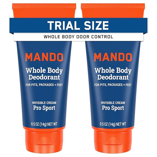 Mando Whole Body Deodorant - Mini Travel Size Invisible Cream Tube - 72 Hour Odor Control - Aluminum and Baking Soda Free, Skin Safe - .5 oz (Pack of 2) (Pro Sport)