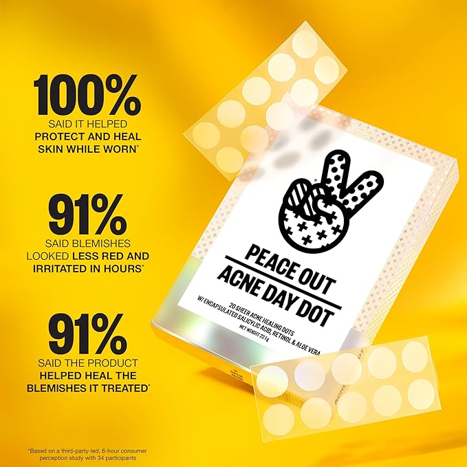 PEACE OUT Acne Day Dot Sheer Hydrocolloid Pimple Patches, Invisible Acne Spot Patches with Encapsulated Salicylic Acid, Retinol, and Aloe Vera, 20 Dots