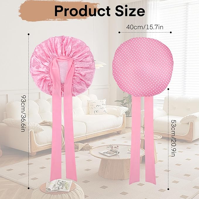 Arqumi 2 Pcs Satin Silk Bonnet for Sleeping Women, Large Long Strap Tie Band Adjustable Sleep Night Cap Curly Hair Bonnet Wrap for Braids Mother Girls Gifts, Black + Pink(Large, Polka Dot Pattern)