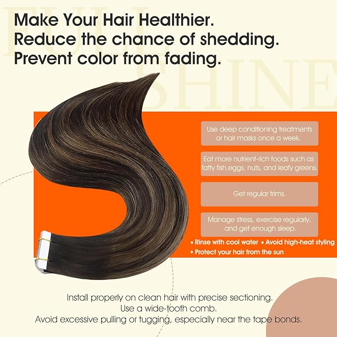 Full Shine Brown Hair Extensions Color 2/8/2 Balayage Brown Tape in Hair Extensions Human Hair 20Inch Remy Straight Extension 100G 40Pcs Soft Silky Seamless Skin Weft