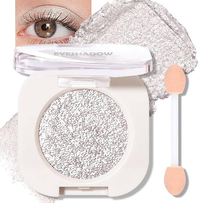 Silver Glitter Eyeshadow Palette, Single Shimmer Eye Shadow Palette Makeup Compact Pressed Powder Lightweight Blendable Highly Pigmented Sparkle Eye Brightener Highlighter for Women
