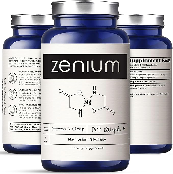 Zenium - Magnesium Glycinate for Sleep, Chelated, 600mg per Serving, 120 Capsules | High Absorption | Relieve Stress, Tension, Worry & Irritability | Calm Mind & Body | Ayurvedic | Natural Supplement