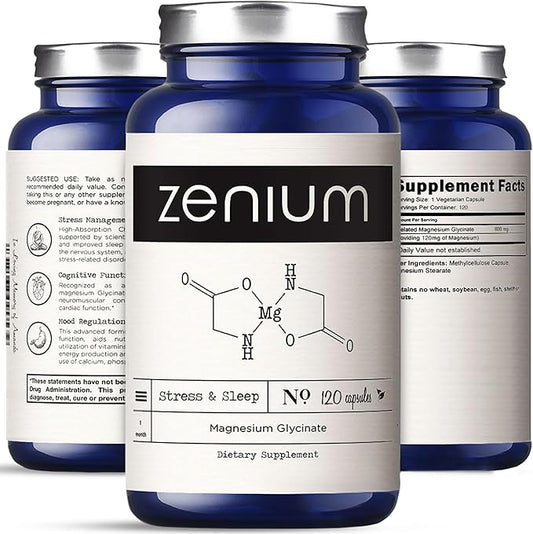 Zenium - Magnesium Glycinate for Sleep, Chelated, 600mg per Serving, 120 Capsules | High Absorption | Relieve Stress, Tension, Worry & Irritability | Calm Mind & Body | Ayurvedic | Natural Supplement