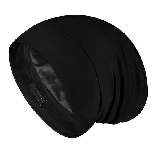 Fittia Satin Hair Bonnet for Sleeping, Silky No Frizzy for Curls Care, Adjustable Strap for Non-Slip, Dreadlocks Cap for Women&Men Black