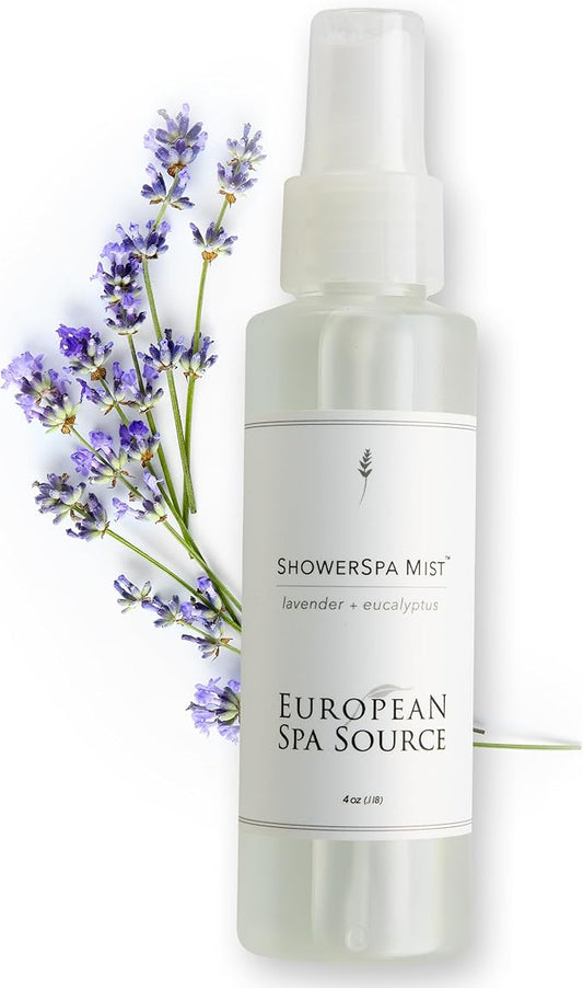 European Spa Source Lavender + Eucalyptus ShowerSpa Mist Spray for Aromatherapy, at Home Spa Experience, Sinus Congestion Relief, and Tension Relief, 4 fl oz.
