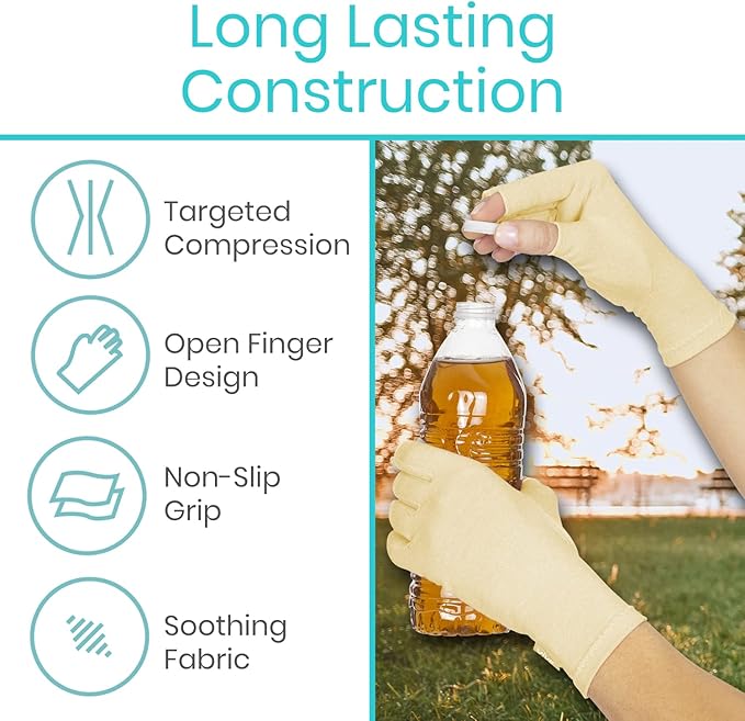 Vive Compression Arthritis Gloves - Comfortable Fit for Men and Women - Open Finger for Rheumatoid, Osteoarthritis, Carpal Tunnel and Computer Typing Pain Relief - Hand and Wrist (X-Small)