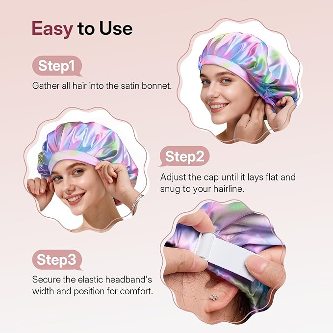 LitBear Silk Satin Bonnet for Sleeping Women, Adjustable Double Layer Hair Bonnet with Scrunchies for Curly Natural Hair, Non Slip Softer Night Sleep Cap