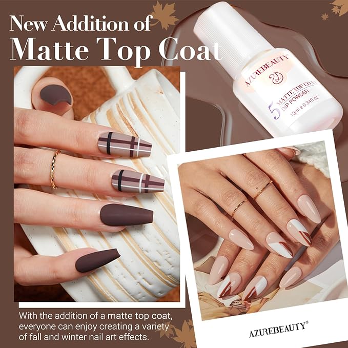 AZUREBEAUTY Dip Nails Powder Starter Kit 8 Colors with Nail Sticks Nude Brown Giltter Shimmer Set Nail Art Base Glossy Matte Top Coat Activator Essential Liquid Manicure DIY Salon 30 PCS