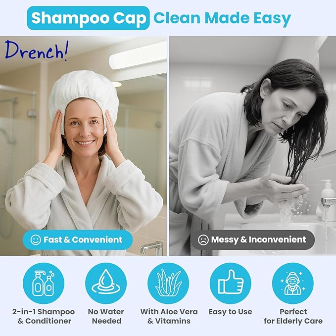 Drench No Water Hair Washing Cap - Waterless Shower Caps with Shampoo and Conditioner - Disposable Rinse Free Wash Aids - Ideal for Elderly and Disabled - Pack of 24