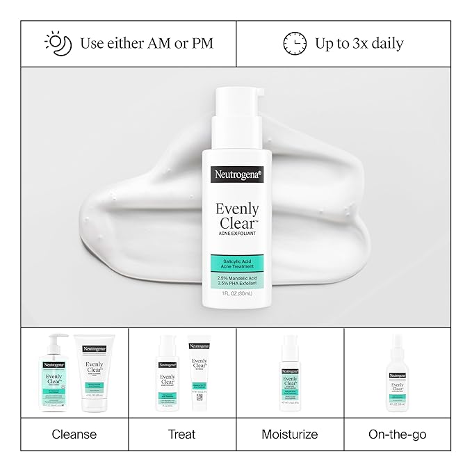 Neutrogena Evenly Clear Acne Exfoliant with Salicylic Acid & Mandelic Acid, Multi-Acid Exfoliating Treatment Serum Visibly Fade the look of Post-Acne Marks for A Smooth, Even Skin Tone, 1 fl. oz