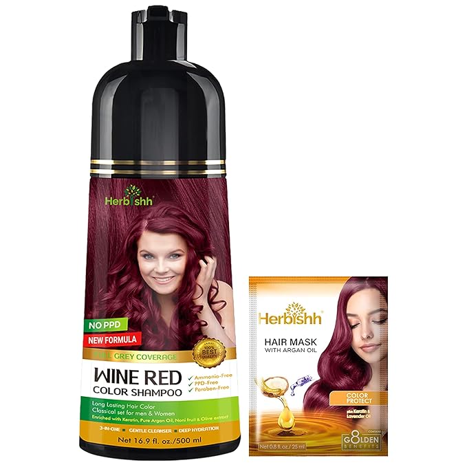 Herbishh Hair Color Shampoo - Magic Dye for Gray Hair, Long Lasting Color in Minutes, 3-In-1, Ammonia-Free, 500 Ml (Wine Red)
