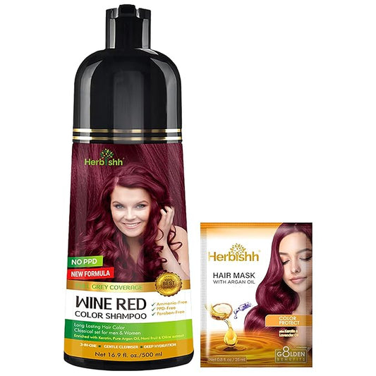 Herbishh Hair Color Shampoo - Magic Dye for Gray Hair, Long Lasting Color in Minutes, 3-In-1, Ammonia-Free, 500 Ml (Wine Red)