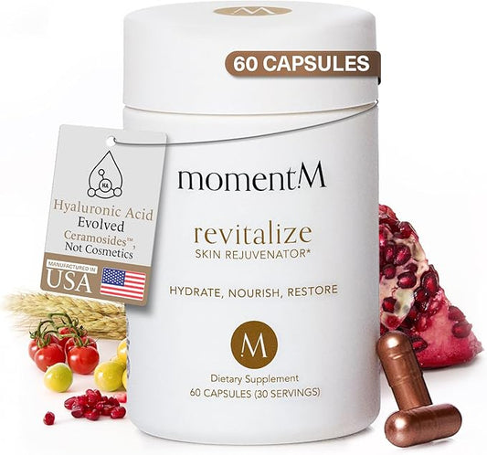 momentM Revitalize Skin Hydration Supplement, Vegan Collagen Alternative with Ceramosides & Astaxanthin - Hyaluronic Acid Supplements for Anti-Aging, Wrinkles & Fine Lines, 60 Hyaluronic Acid Capsules