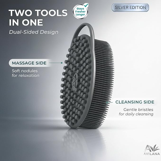 Avilana Silver Edition Body Scrubber - Silver-Ion Infused Silicone Shower Brush, ISO Tested Dual Sided, Stays Fresher Longer, SGS Certified Gentle Exfoliating Loofah Alternative Sensitive Skin Women