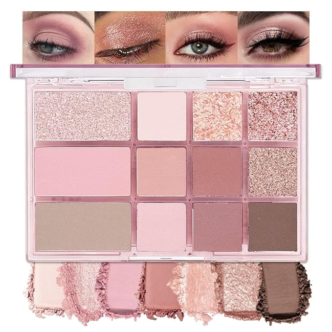 SUAKE Nude Pink Eyeshadow Palette, Matte & Shimmer, High Pigmented 12 Colors Brown Purple Eye Shadow Primers for Eye Makeup, Korean Powder Palet de sombras de ojos (02# Sweet Rose)