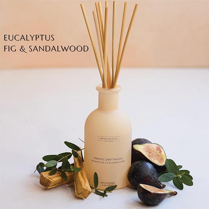 Benevolence LA Reed Diffuser for Home | Eucalyptus, Fig & Sandalwood | Elegant Home & Bathroom Decor | Fragrance Diffuser with Sticks for Bathroom - Malibu Sands Collection