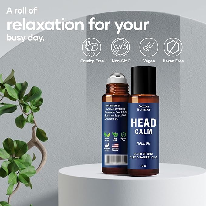 Head Calm Essential Oil Roll-On 10 ml - Soothing Blend of Pure & Natural Essential Oils - Roller Ball for Migraine & Headache Relief - Nexon Botanics