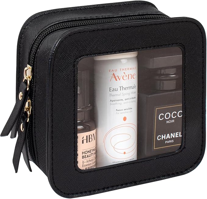Small Clear Makeup Bag for Purse Travel Cosmetic Case Transparent Toiletry Bag with Zipper, Portable Make Up Organizer Traveling Compact Car Bag for Essentials (Black, Mini)