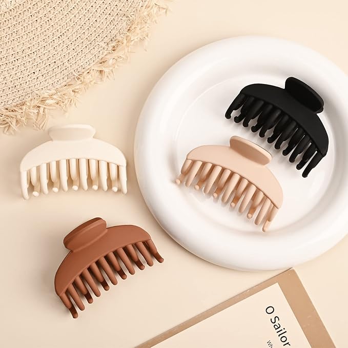 DEEKA 4 PCS Double Row Teeth Hair Claw Clips 2.5" Medium Hair Clips for Thin Hair Small Matte Clips Short Fine Hair Accessories for Women and Girls -Black Brown