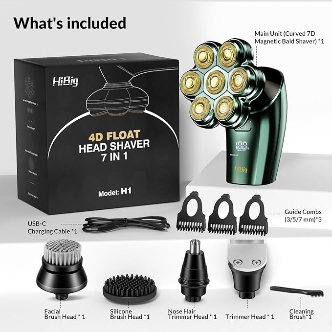 Head Shavers for Bald Men - 7D Arc Electric Razor with Magnetic Detachable Head, Waterproof Wet Dry 5-in-1 Electric Shaving & Grooming Kit, LED Display Head & Body Hair Shaver, Dark Green