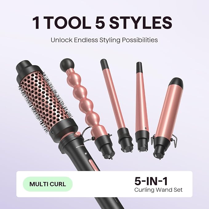 Wavytalk 5 in 1 Curling Wand Set, Multi Curl, Curling Wand Set with Thermal Brush and 4 Interchangeable Ceramic Curling Wand(0.5”-1.25”), Instant Heat Up Wand Curling Iron (Rose Gold) (Pack of 2)