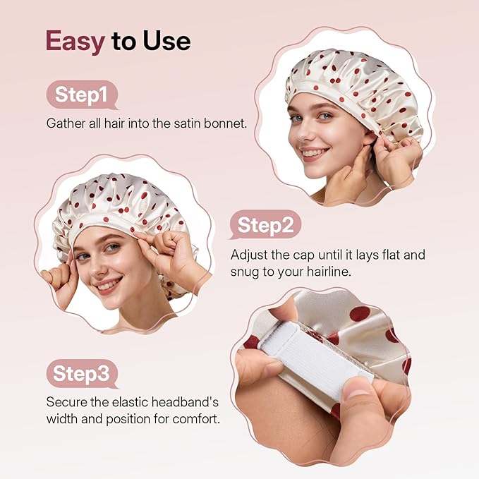 LitBear Silk Satin Bonnet for Sleeping Women, Adjustable Double Layer Hair Bonnet with Scrunchies for Curly Natural Hair, Non Slip Softer Night Sleep Cap