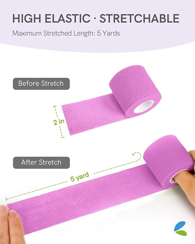 FriCARE Self Adhesive Bandage Wrap, Medical Tape in First Aid Kit, Cohesive Bandages for Wounds Sport Vet, 2 Inches X 5 Yards 6 Rolls, Fluorescent Purple