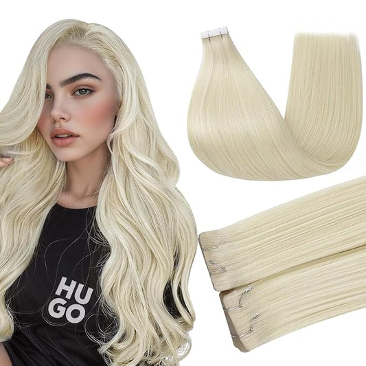 Full Shine Machine Remy Tape in Hair Extensions Color 60 Blonde Injection Tape in Human Hair Seamless Invisible Extensions 16Inch Straight Skin Weft 40Gram 20Pcs Soft