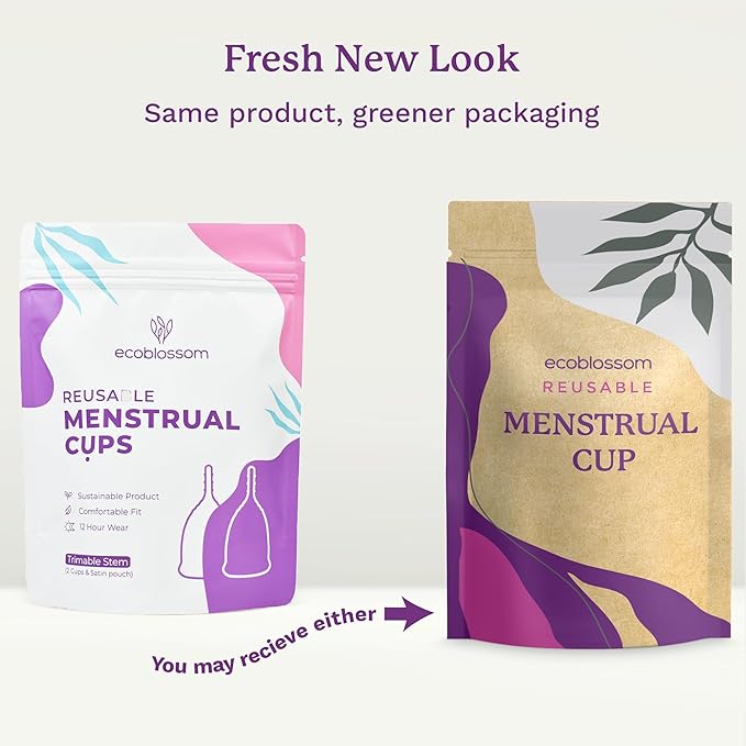EcoBlossom Reusable Menstrual Cup Set - The Most Reliable Medical Grade Silicone Period Cups - Comfortably use for 12 Hours (Small & Large)
