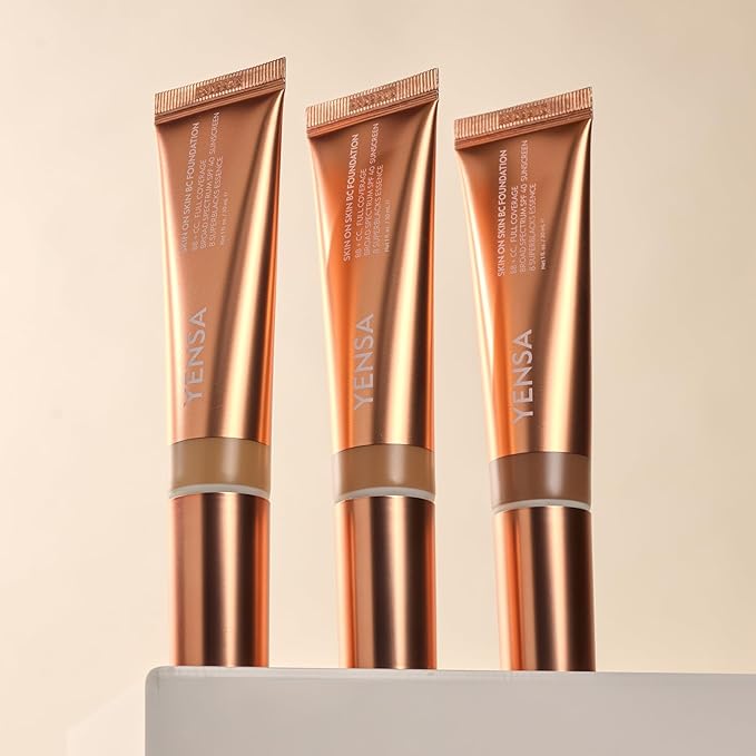 YENSA Skin on Skin BC Foundation Makeup - CC, BB Cream & Full Coverage Foundation-In-One - Buildable, Radiant Finish with SPF 40, Hyaluronic Acid, Peptides & 8 SuperBlacks - Deep Cool (1 oz)