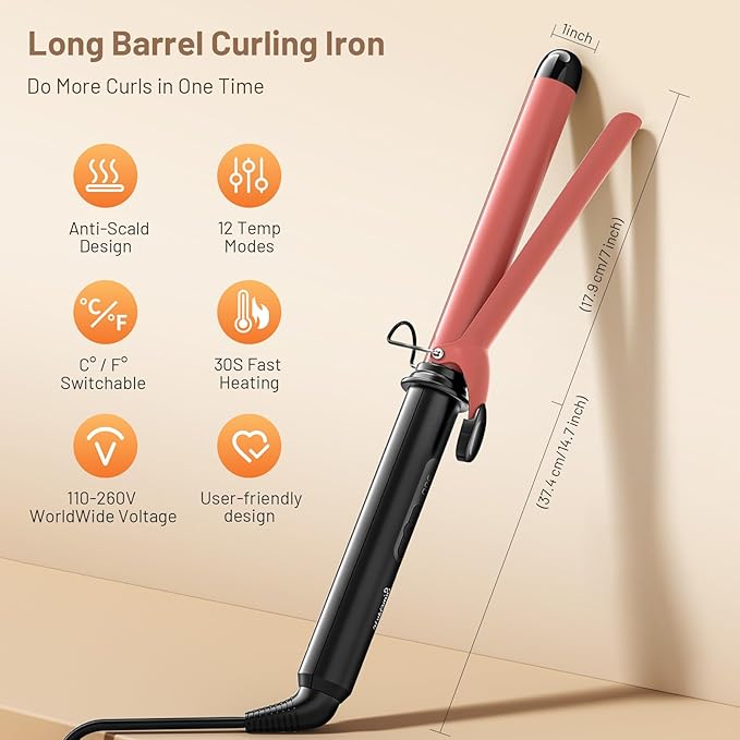 Dual Voltage Curling Iron 1 Inch Long Barrel–Ceramic Fast-Heating Hair Styling Tool for Short & Long Hair, Travel Curling Wand with 12 Levels Smart Temperature Control and Safety Glove