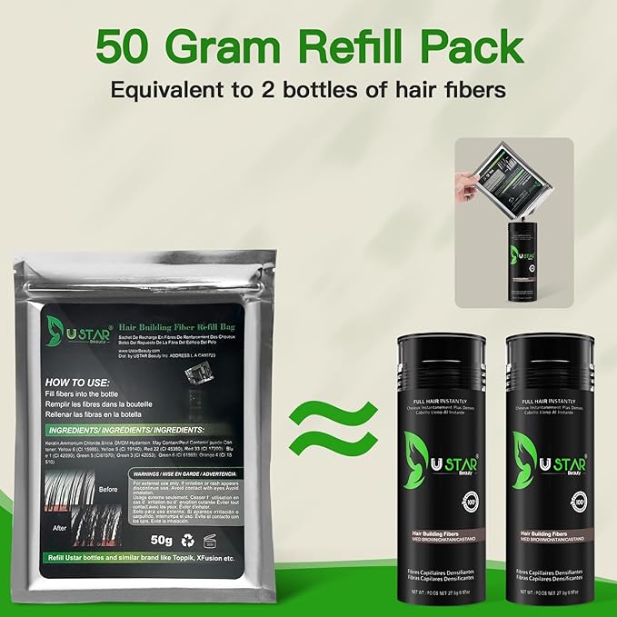 Hair Building Fibers 77.5g, USTAR 5 in 1 Hair Fibers for Thinning Hair with Holding Spray for Instantly Thicker, Fuller Look, Styling Hair Powder for Men & Women (Medium Brown)