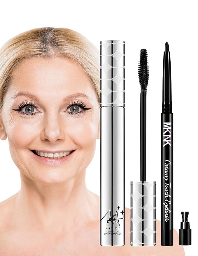 2PCS Mascara for Older Women 60 Plus and Eye Liner Pencils Makeup Set, Mascara Volume and Length Waterproof, Hypoallergenic for Sensitive Eyes, Smudge Proof Long Lasting #Dark