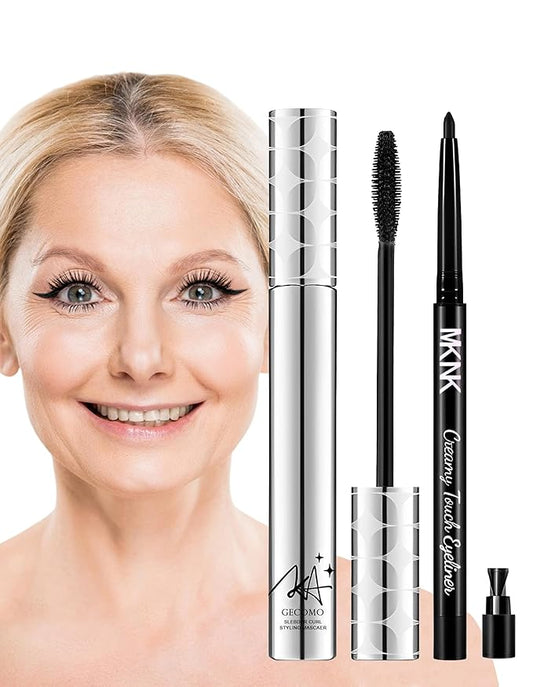 2PCS Mascara for Older Women 60 Plus and Eye Liner Pencils Makeup Set, Mascara Volume and Length Waterproof, Hypoallergenic for Sensitive Eyes, Smudge Proof Long Lasting #Dark