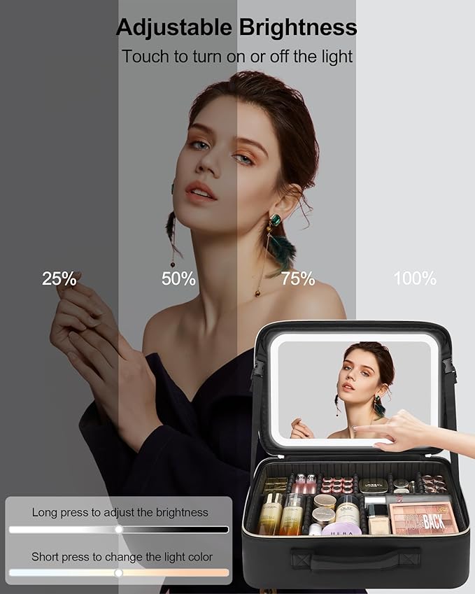 Relavel Travel Makeup Bag With LED Mirror, 16.2" Large Makeup Train Case, 3 Color Scenarios Adjustable Brightness, Waterproof Makeup Train Case Organizer with DIY Dividers for Makeup Artist, Black