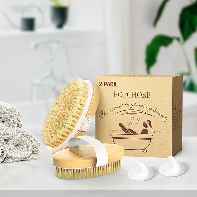 POPCHOSE Dry Brushing Body Brush, Natural Bristle Dry Skin Exfoliating Brush Body Scrub for Flawless Skin, Cellulite Treatment, Lymphatic Drainage and Blood Circulation Improvement