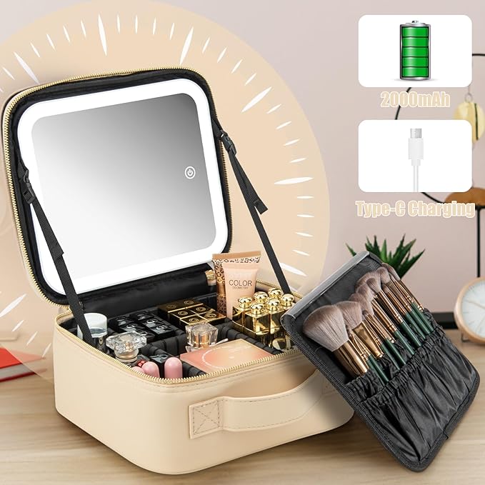 Makeup Travel Train Case with Mirror LED Light 3 Adjustable Brightness Large Cosmetic Bag Portable Storage Adjustable Partition Waterproof Makeup Brushes Make up Jewelry Gift for Women