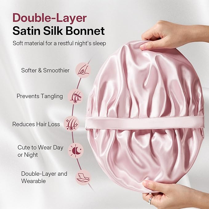 LitBear Silk Satin Bonnet for Sleeping Women, Adjustable Double Layer Hair Bonnet with Scrunchies for Curly Natural Hair, Non Slip Softer Night Sleep Cap