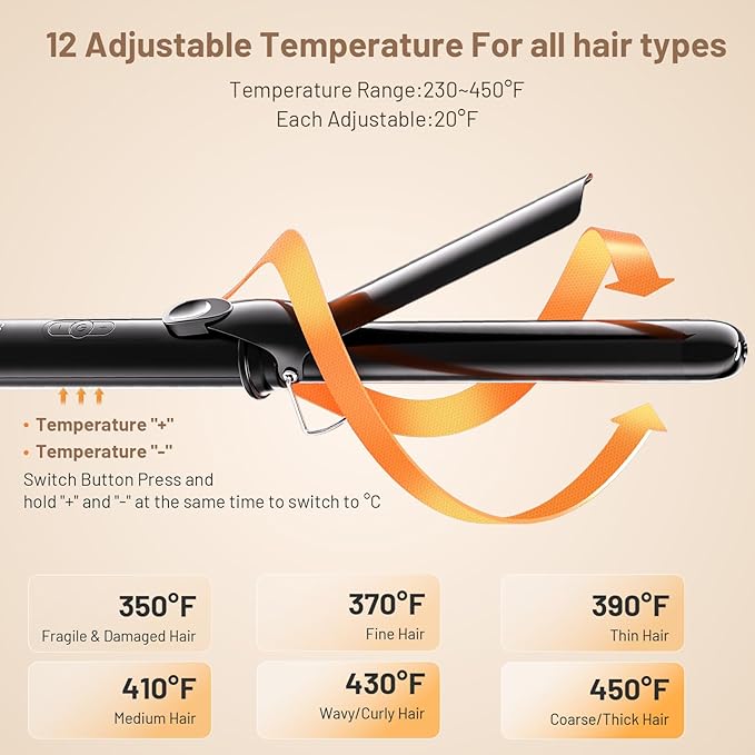 Curling Iron 1 Inch, Long Barrel Ceramic Hair Wand, Fast Heating Hair Curler with 12 Heat Settings with LED Display, Hair Curling Wand Styling and Lasting on All Hair Types, Dual Voltage for Travel