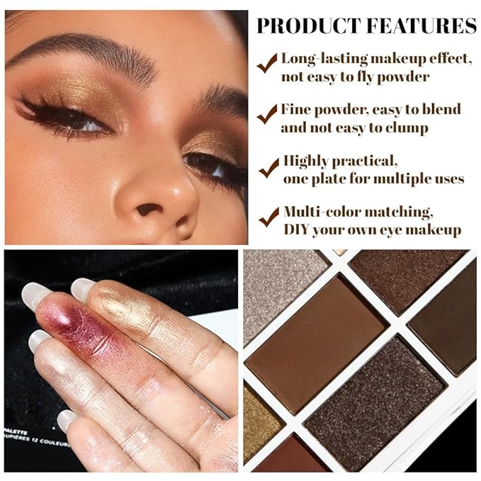 evpct 12 Colors Matte Shimmer Pressed Eye Shadow Palette Makeup for Women, Beige Light Neutral Nude Brown Cocoa Taupe Black Smoky, Silver Bronze Gold Rose Champagne Shimmer, Eyeshadow Contour Palette