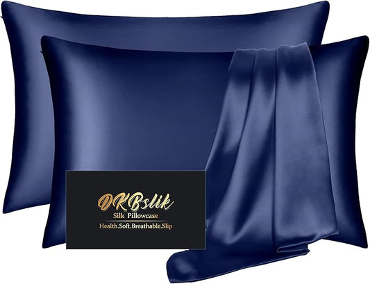 Silk Pillowcase 2 Pack, Mulberry Silk Pillow Cases Queen Size Set of 2, Anti Acne Silk Pillowcase for Hair and Skin, Natural Silk Satin Pillowcases Gifts for Women Men 2 Pack with Zipper, Navy Blue