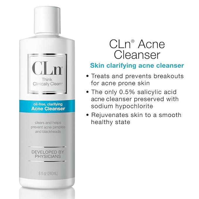 CLn® Acne Cleanser-The Only Cleanser with 0.5% Salicylic Acid Preserved with Sodium Hypochlorite for Clarifying Skin from Blackheads & Breakouts, Oil-Free & Fragrance-Free, 8 fl oz