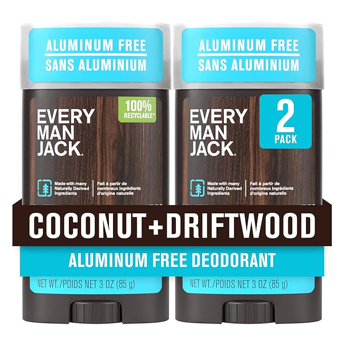 Every Man Jack Coconut Driftwood Men’s Deodorant - Stay Fresh with Aluminum Free Deodorant For all Skin Types - Odor Crushing, Long Lasting, with Naturally Derived Ingredients - 3oz (2 Pack)